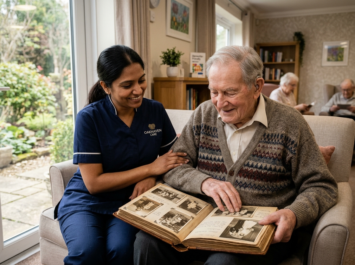 An older gentleman and a carer enjoy a quiet moment looking through a photo album